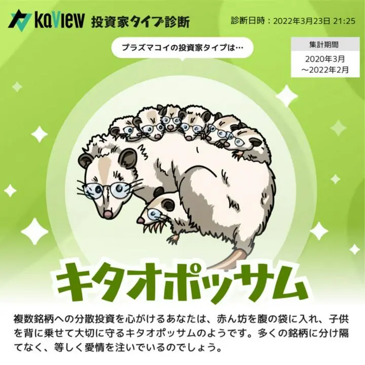 カビューに投資家タイプ診断という機能が付いてたのでやってみました🎏
保有株は多めみたいです✨
