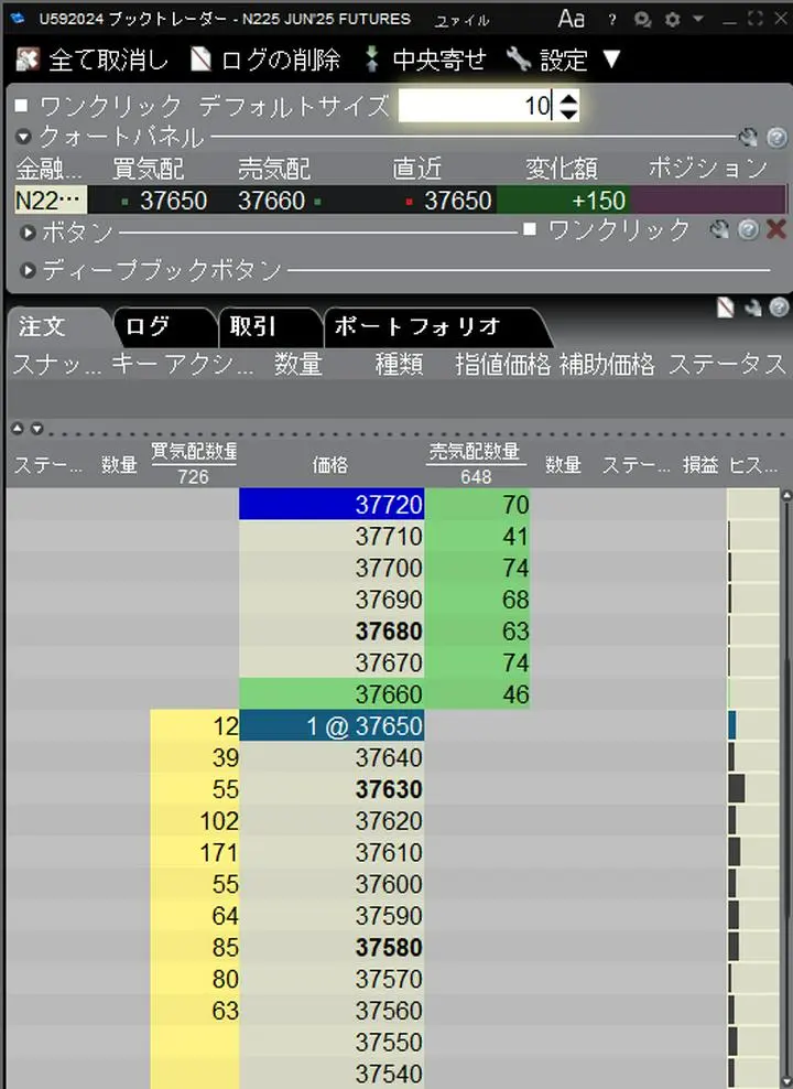 日経225先物ラージの板です。
37620円と37610円の100枚以上の買い注文を入れて下落を止めようとしている投資家がいます。
見せ玉か実弾か判断できません。