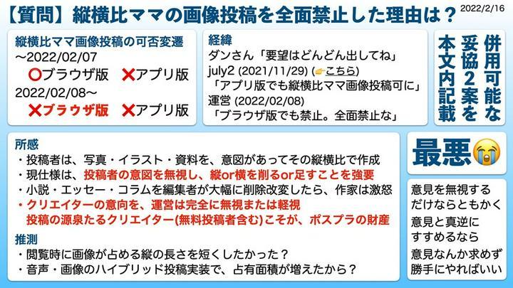  【質問・PDFあり】縦横比ママの画像投稿を全面禁止した理由は? 
運営に提出済(2022/2/16)のPDF(198KB)▶︎https://help.postprime.com/attachments/token/yios2ULe7st