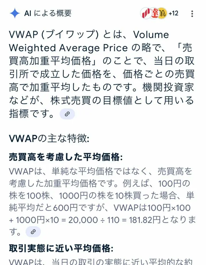『株の買い時を考えるチャンネル』さんが、株の売り時をAIに丸投げしてる😆そしてAIの読み通り。※写真はチャンネルとは関係ありません。動画内で出てきたワードVWAPを私がGoogle検索した『AI』？回答です。

AIにチャート読み込ませた