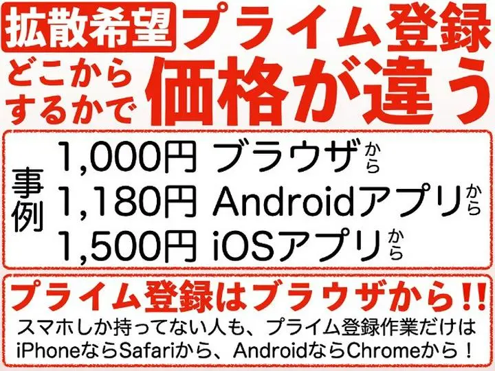 【超重要‼️シェアで拡散希望】①シェアボタン→②貼り付けて投稿。プライム登録、どこからするかで、価格が違う。プライム登録はブラウザから‼️

✅ 事例