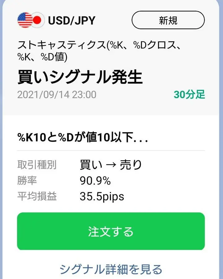【Line FXシグナル通知】
以前投稿したラインFXの新機能売買通知が、初期設定で送られて来ました。
