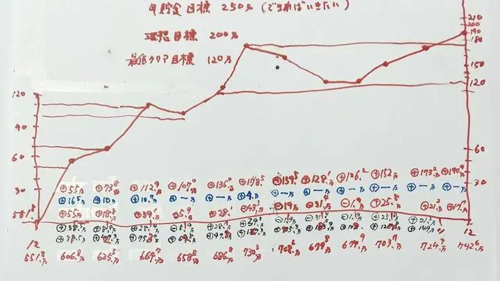 2024年貯金推移グラフ。結果プラス190.8万円貯金。
200万、250万円には届かず。
現金の入金は、41.2万円