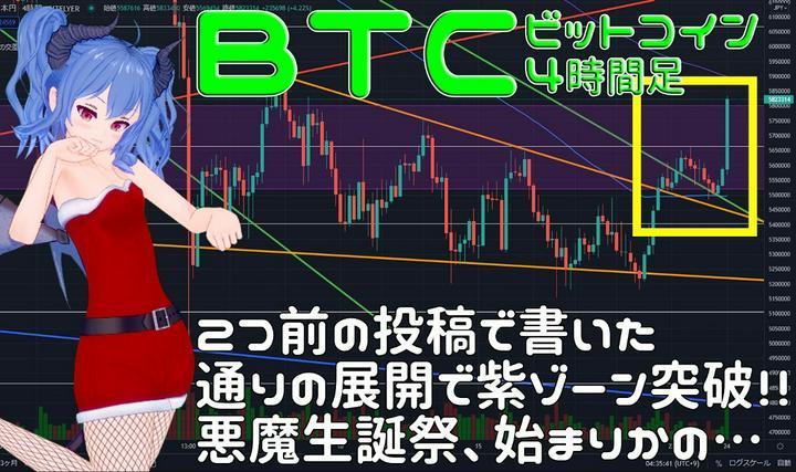 ビットコインからMerry Christmas☆
三角持ち合いを抜け、下降チャネルを抜けて、上から緑線をさわりに行って、その反発で紫のゾーンを抜けたら……その通りの展開になったね、わしょ～～い♪
