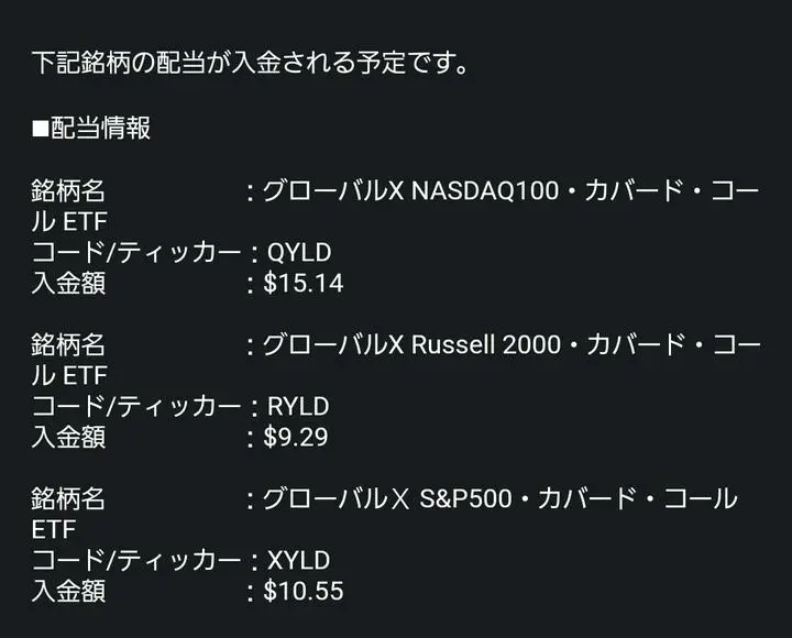 QYLD,XYLD,RYLDのカバコ三兄弟から配当金の入金です！
いずれも含み損ですが、受取配当を含めたらトントンまで来ました。
あとは淡々と配当を受け取り続けて、少しだけ追加投資していくのみです😊